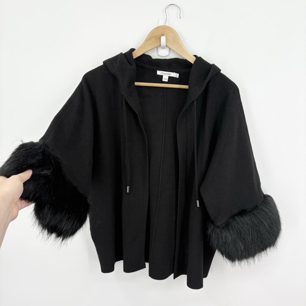 Chicos Sweater 1 Medium Faux Fur Quiet Luxury Soft Capsule Minimalist Hooded